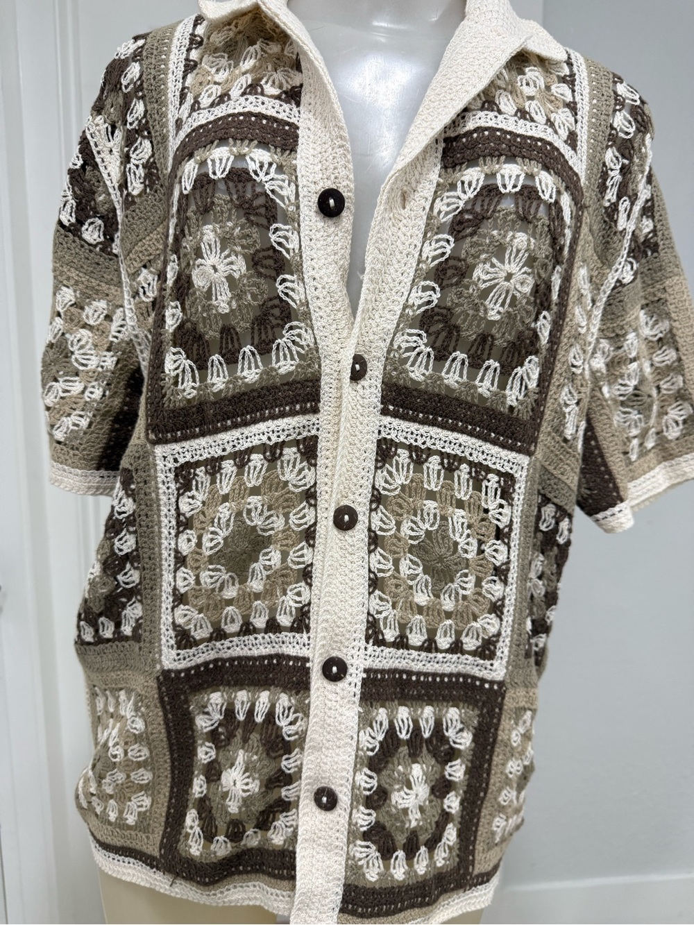 Crochet Panel Short-Sleeve Button-Front Shirt in Cream and Brown